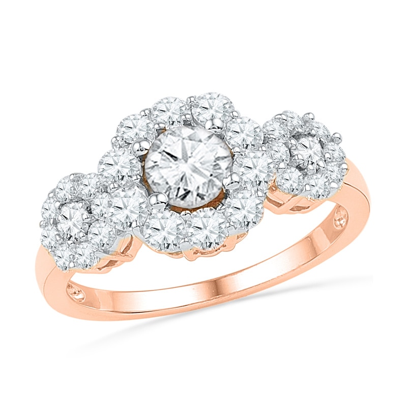 Lab-Created White Sapphire Three Stone Frame Ring in 10K Rose Gold