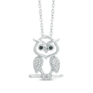 0.10 CT. T.W. Enhanced Black and White Diamond Owl Pendant in Sterling Silver