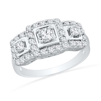 Lab-Created White Sapphire Square Frame Three Stone Ring in Sterling Silver