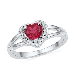 5.0mm Heart-Shaped Lab-Created Ruby and Diamond Accent Frame Midi Ring in Sterling Silver