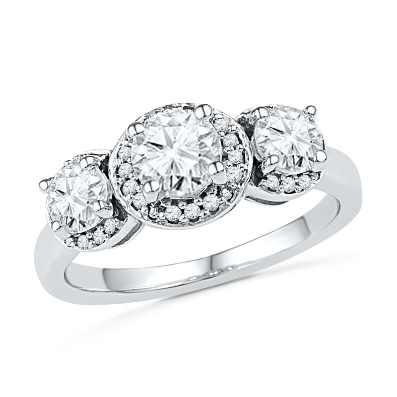 Lab-Created White Sapphire and 0.10 CT. T.W. Diamond Frame Three Stone Ring in Sterling Silver