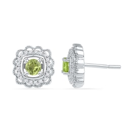 4.0mm Peridot and 0.12 CT. T.W. Diamond Flower Frame Stud Earrings in Sterling Silver