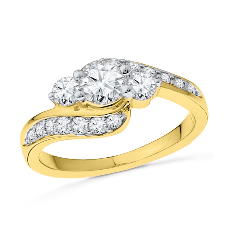 Lab-Created White Sapphire Three Stone Bypass Ring in 10K Gold