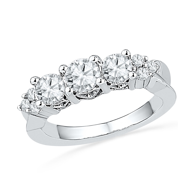 Lab-Created White Sapphire and 0.12 CT. T.W. Diamond Three Stone Ring in 10K White Gold