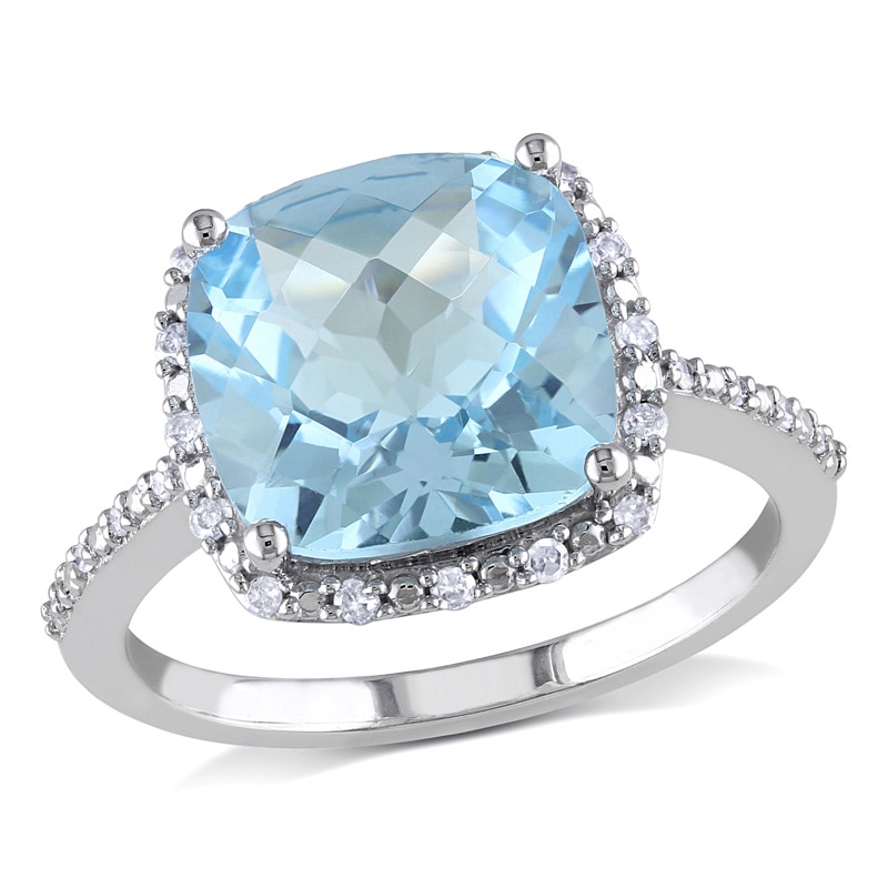 10.0mm Cushion-Cut Blue Topaz and 0.10 CT. T.W. Diamond Ring in 10K White Gold