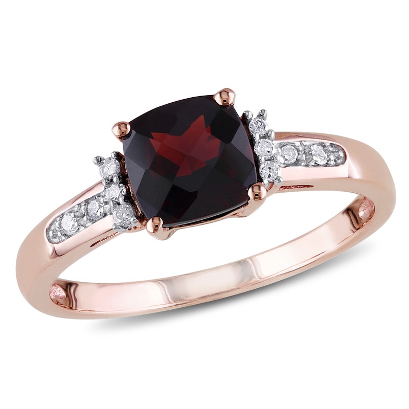 Main Image 1 of 6.0mm Cushion-Cut Garnet and 0.05 CT. T.W. Diamond Ring in 10K Rose Gold