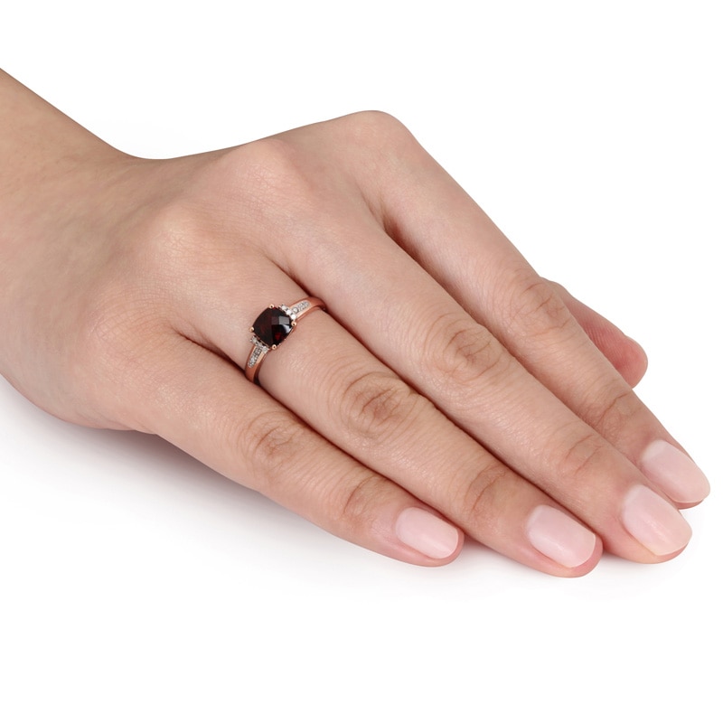 Main Image 3 of 6.0mm Cushion-Cut Garnet and 0.05 CT. T.W. Diamond Ring in 10K Rose Gold