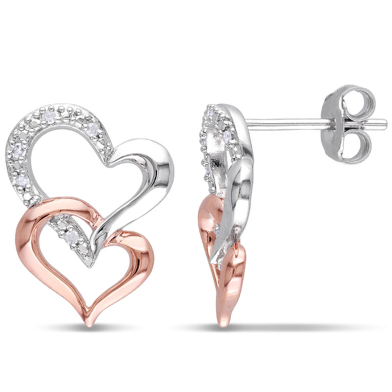 0.05 CT. T.W. Diamond Double Heart Drop Earrings in Two-Tone Sterling Silver|Peoples Jewellers