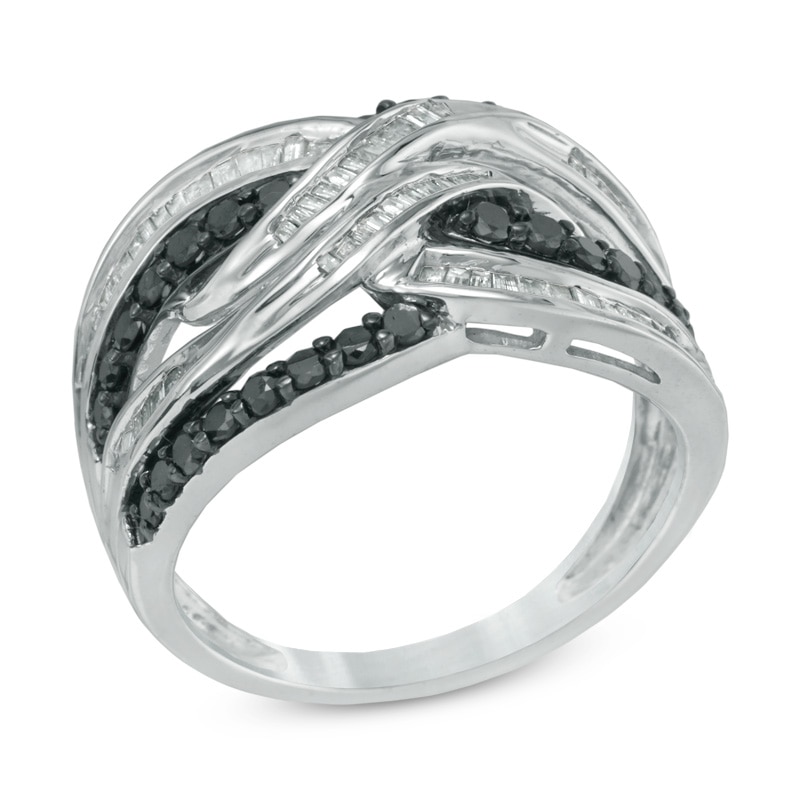 Main Image 2 of 1.00 CT. T.W. Enhanced Black and White Diamond Layered Braid Ring in 10K White Gold
