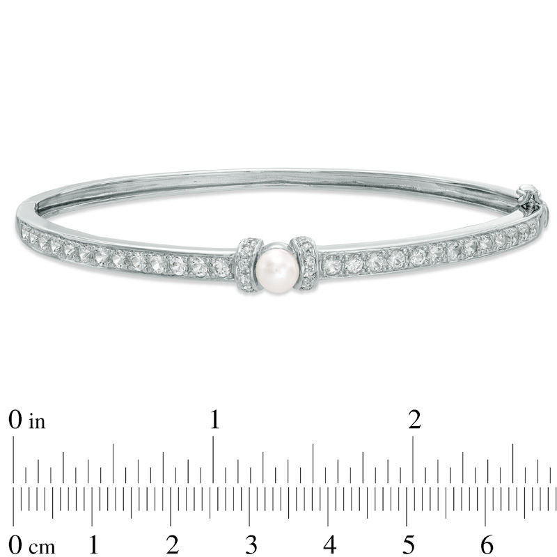 5.5-6.0mm Freshwater Cultured Pearl and Lab-Created White Sapphire Bangle in Sterling Silver-7.25"
