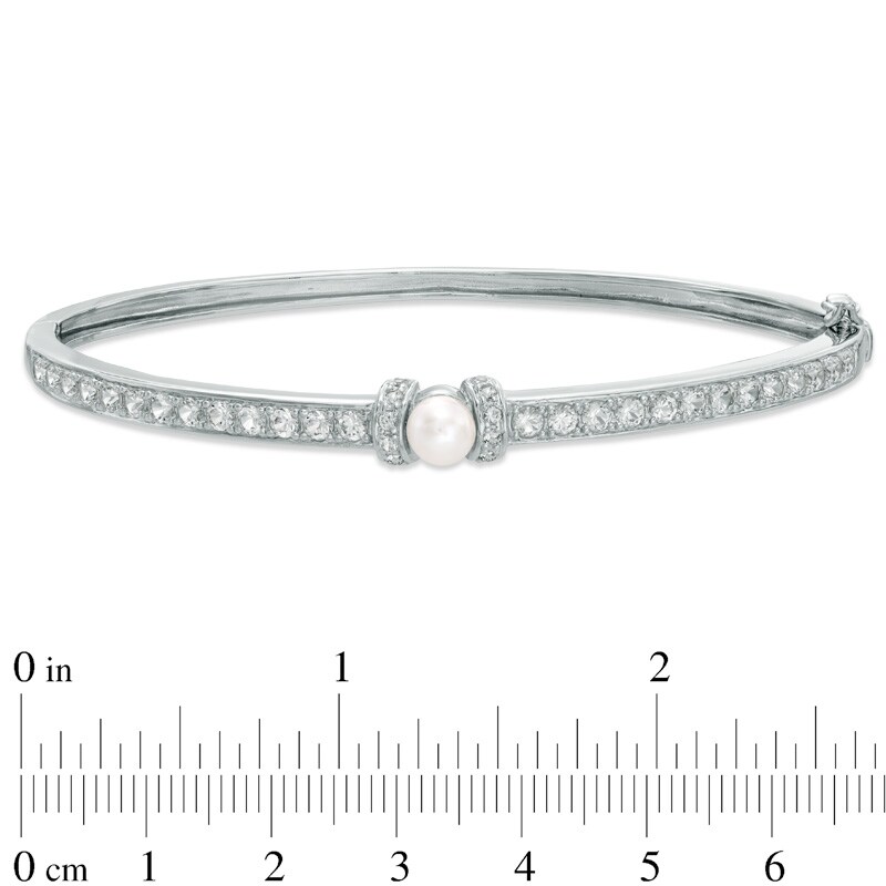 Main Image 2 of 5.5-6.0mm Freshwater Cultured Pearl and Lab-Created White Sapphire Bangle in Sterling Silver-7.25"