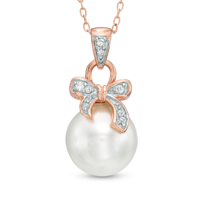 9.5mm Cultured Freshwater Pearl and Lab-Created White Sapphire Pendant in Sterling Silver with 18K Rose Gold Plate|Peoples Jewellers