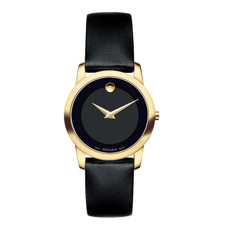 Ladies' Movado Museum® Classic Gold-Tone Strap Watch with Black Dial (Model: 0606877)|Peoples Jewellers