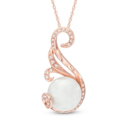 9.0mm Button Cultured Freshwater Pearl and 0.087 CT. T.W. Diamond Swirl Pendant in 10K Rose Gold