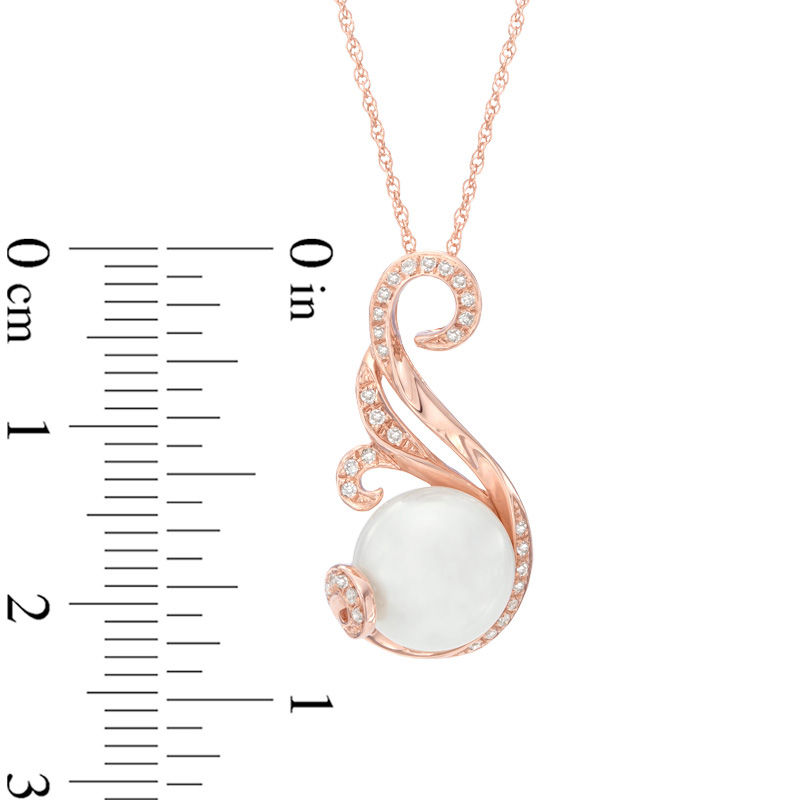 9.0mm Button Cultured Freshwater Pearl and 0.087 CT. T.W. Diamond Swirl Pendant in 10K Rose Gold