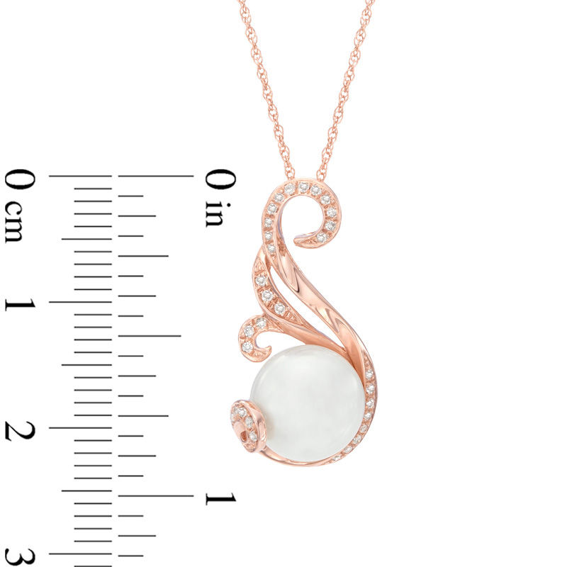 Main Image 2 of 9.0mm Button Freshwater Cultured Pearl and 0.087 CT. T.W. Diamond Swirl Pendant in 10K Rose Gold