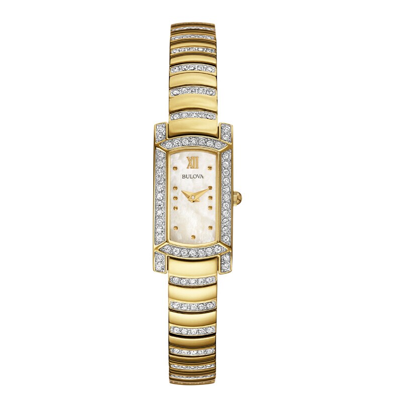 Ladies' Bulova Crystal Accent Gold-Tone Watch with Rectangular Mother-of-Pearl Dial (Model: 98L204)