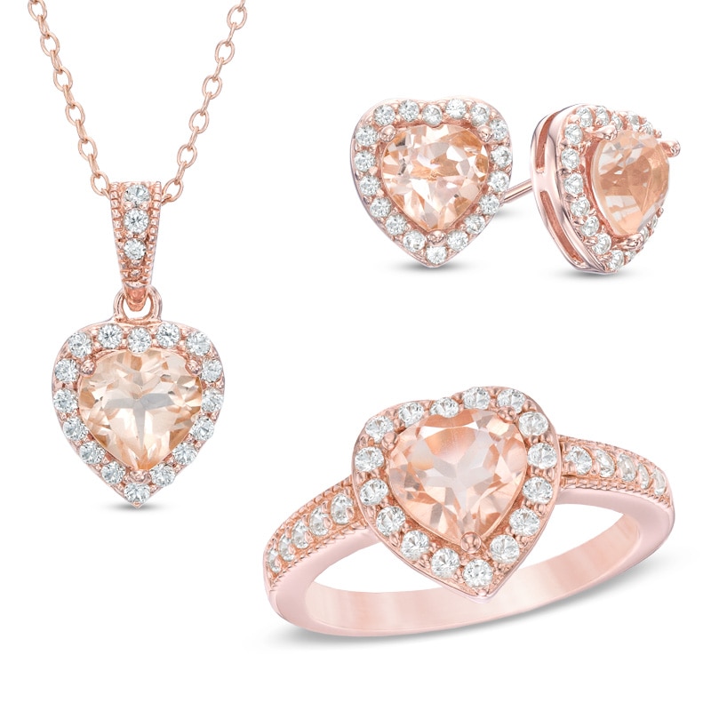 Main Image 1 of Pink Quartz Doublet and Lab-Created White Sapphire Three Piece Set in Sterling Silver with 18K Rose Gold Plate