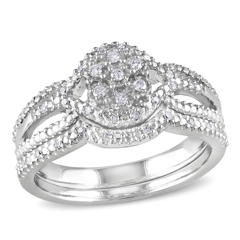Main Image 1 of 0.14 CT. T.W. Diamond Cluster Split Shank Bridal Set in Sterling Silver