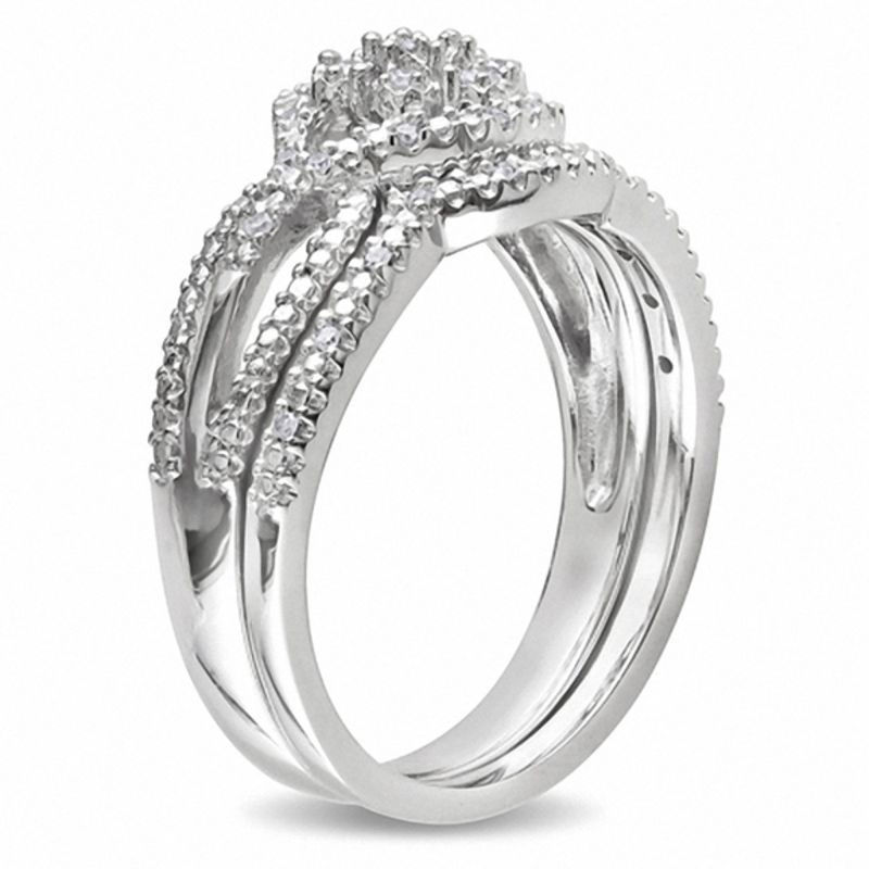 Main Image 2 of 0.14 CT. T.W. Diamond Cluster Split Shank Bridal Set in Sterling Silver