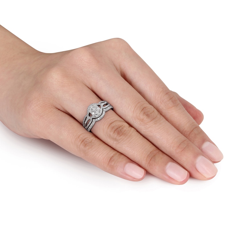 Main Image 3 of 0.14 CT. T.W. Diamond Cluster Split Shank Bridal Set in Sterling Silver