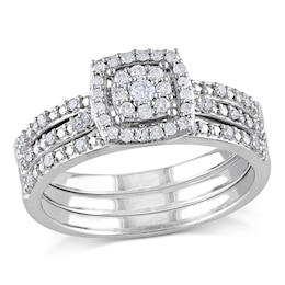 0.31 CT. T.W. Diamond Square Frame Cluster Three Piece Bridal Set in 10K White Gold