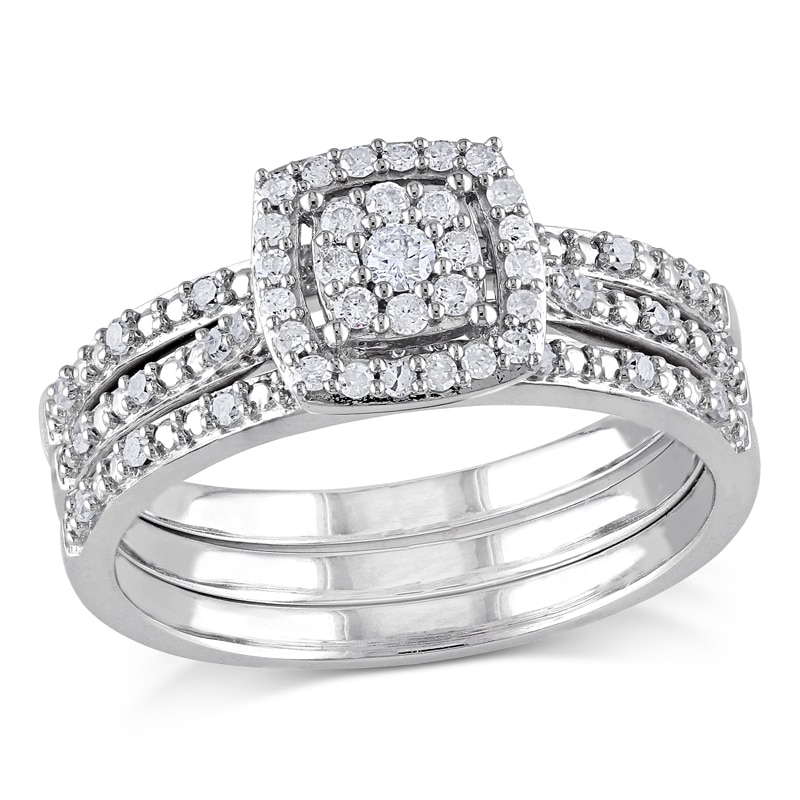 Main Image 1 of 0.31 CT. T.W. Diamond Square Frame Cluster Three Piece Bridal Set in 10K White Gold