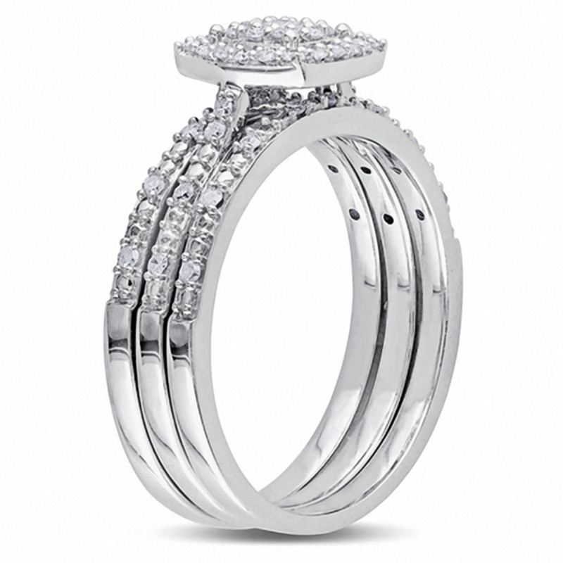 0.31 CT. T.W. Diamond Square Frame Cluster Three Piece Bridal Set 10K White Gold