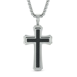 Men's Carbon fibre Stacked Cross Pendant in Stainless Steel - 24"
