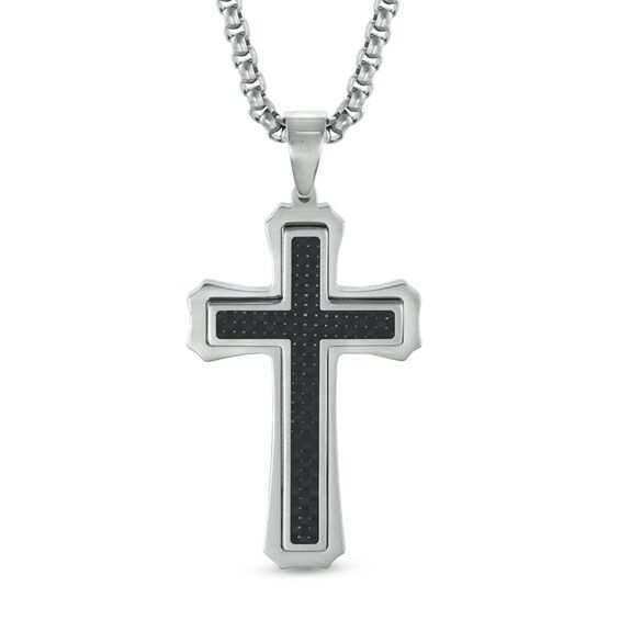 Men's Carbon fibre Stacked Cross Pendant in Stainless Steel - 24"