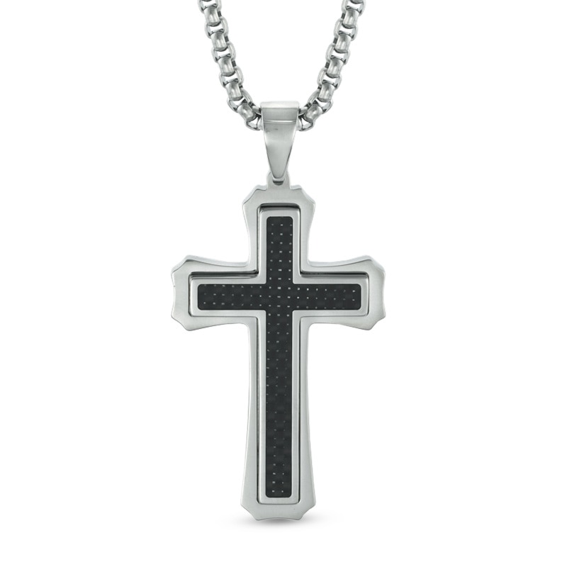 Men's Carbon fibre Stacked Cross Pendant in Stainless Steel - 24"|Peoples Jewellers