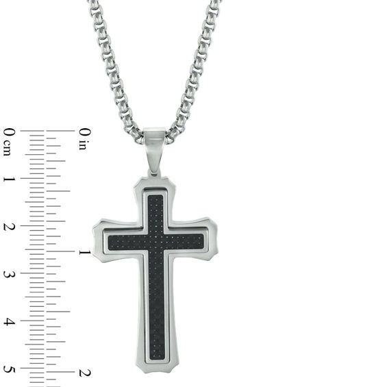 Men's Carbon fibre Stacked Cross Pendant in Stainless Steel - 24"