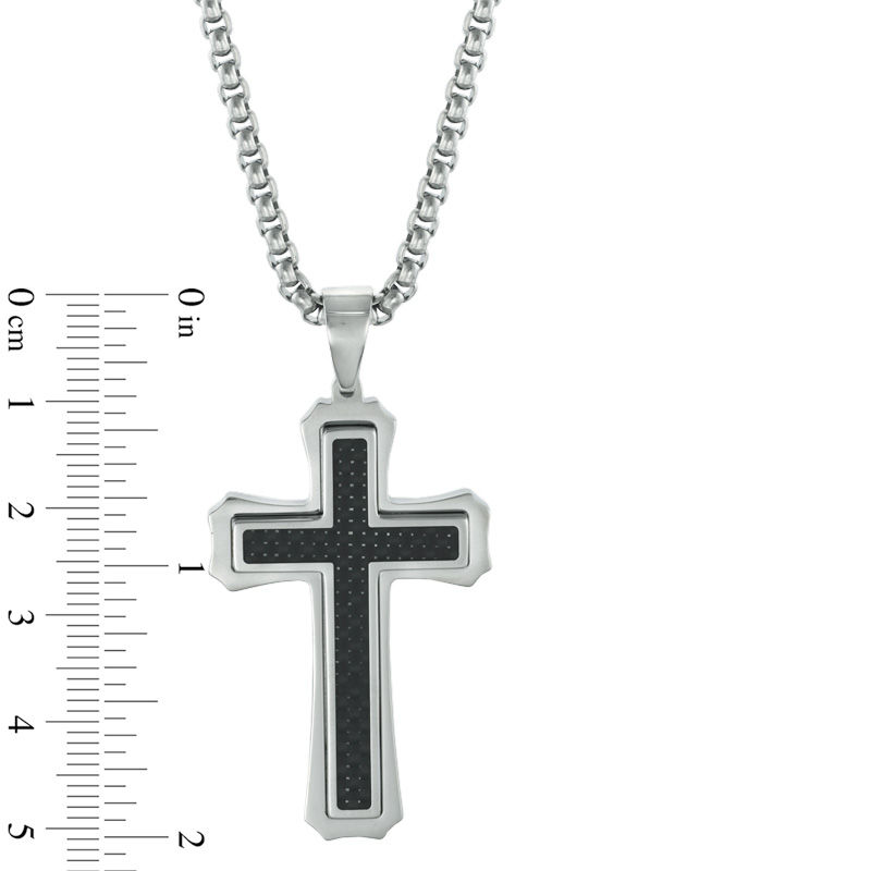Main Image 2 of Men's Carbon fibre Stacked Cross Pendant in Stainless Steel - 24"