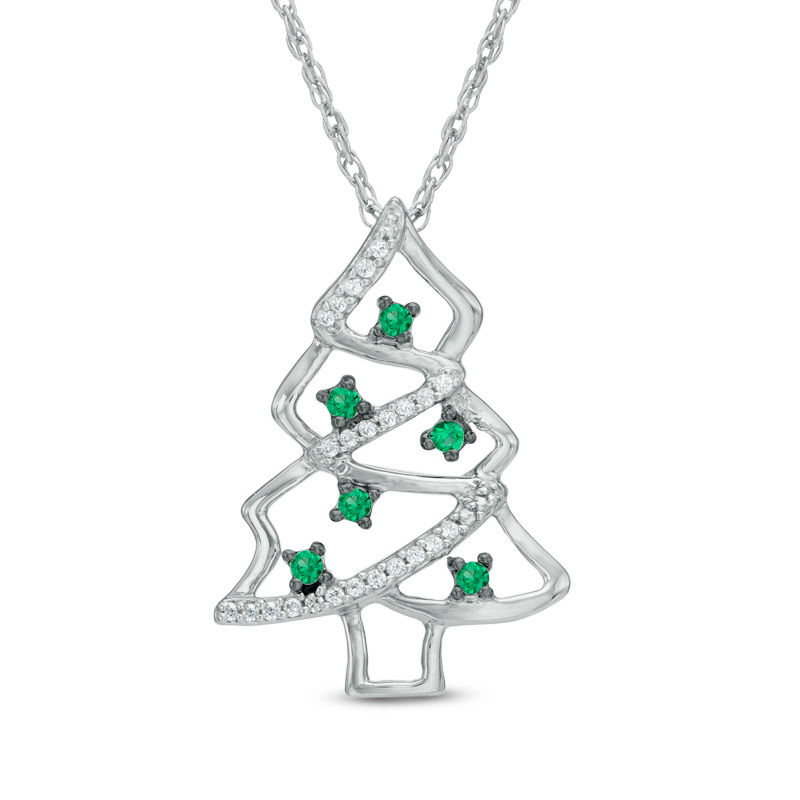 0.13 CT. T.W. Green and White Diamond Christmas Tree Pendant in Sterling Silver