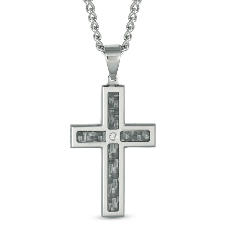 Main Image 1 of Men's Diamond Accent and Grey Carbon fibre Stacked Cross Pendant in Stainless Steel - 24&quot;
