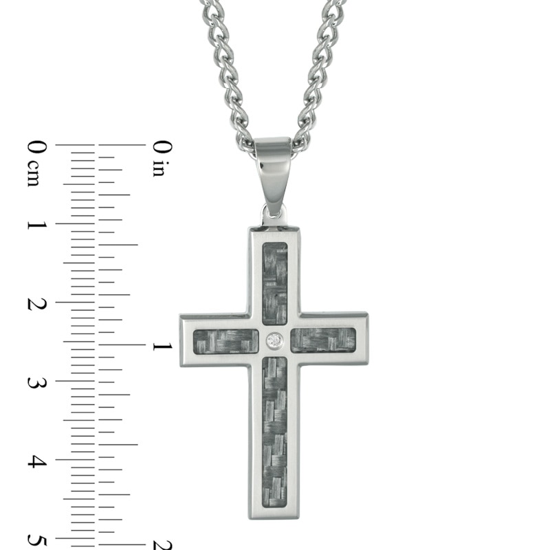 Men's Diamond Accent and Grey Carbon fibre Stacked Cross Pendant in Stainless Steel - 24"|Peoples Jewellers