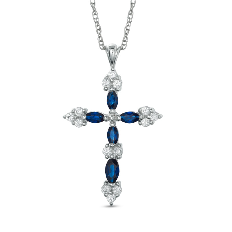 Marquise-Cut Lab-Created Blue and White Sapphire Cross Pendant in Sterling Silver