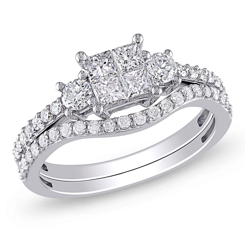 1.00 CT. T.W. Quad Princess-Cut Diamond Three Stone Bridal Set in 14K White Gold