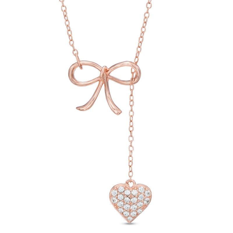 Lab-Created White Sapphire Bow Heart Lariat-Style Necklace in Sterling Silver with 18K Rose Gold Plate - 18.5"