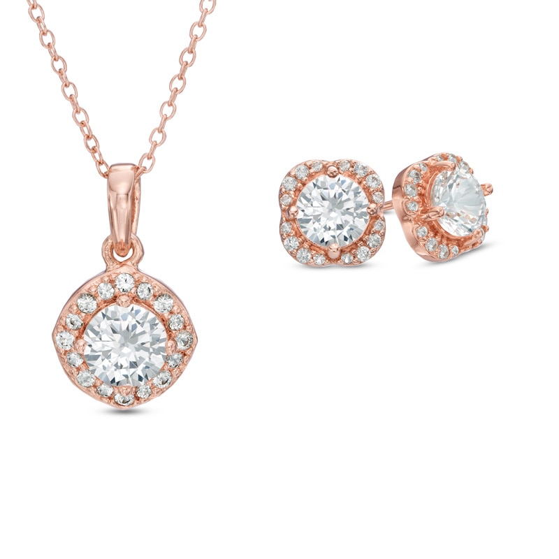 Main Image 1 of Lab-Created White Sapphire Vintage-Style Pendant and Stud Earrings Set in Sterling Silver with 18K Rose Gold Plate