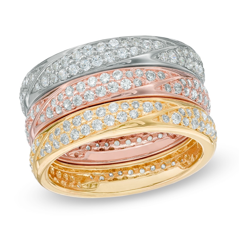 Main Image 1 of Lab-Created White Sapphire Stack Three Ring Set in Sterling Silver and 18K Two-Tone Gold Plate