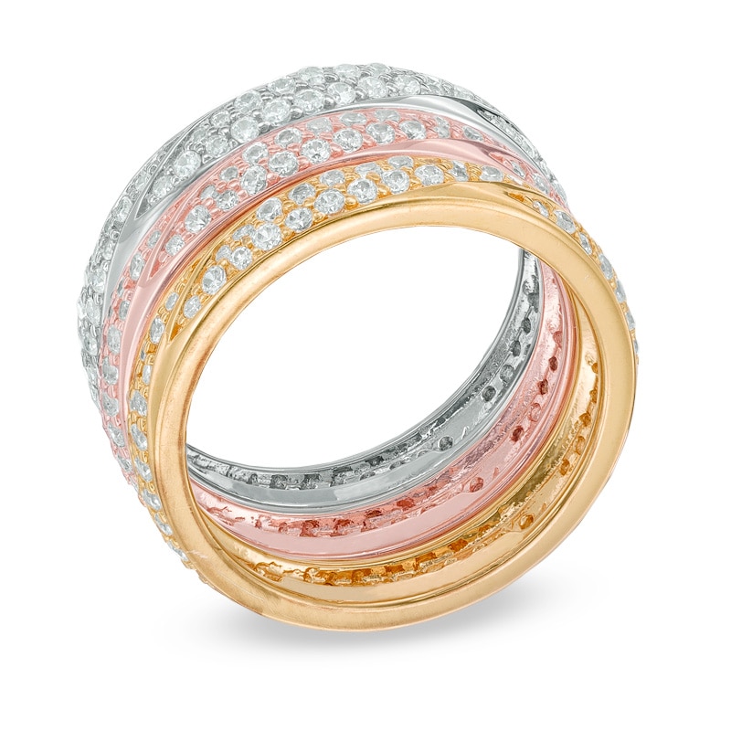 Lab-Created White Sapphire Stack Three Ring Set in Sterling Silver and 18K Two-Tone Gold Plate