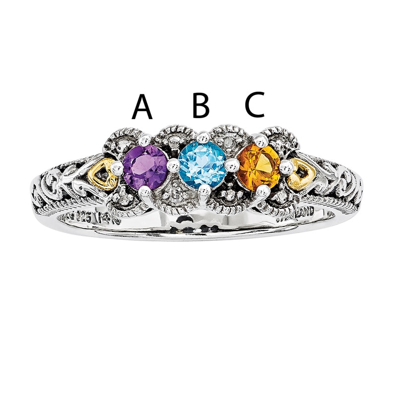 Main Image 2 of Mother's Simulated Birthstone and Diamond Accent Ring in Sterling Silver and 14K Gold (3 Stones)