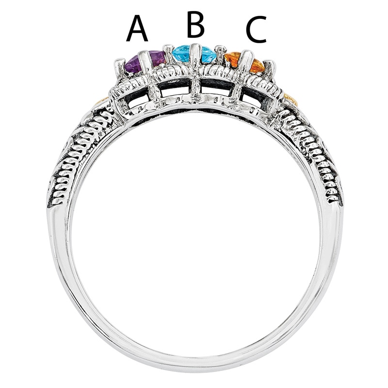 Main Image 3 of Mother's Simulated Birthstone and Diamond Accent Ring in Sterling Silver and 14K Gold (3 Stones)