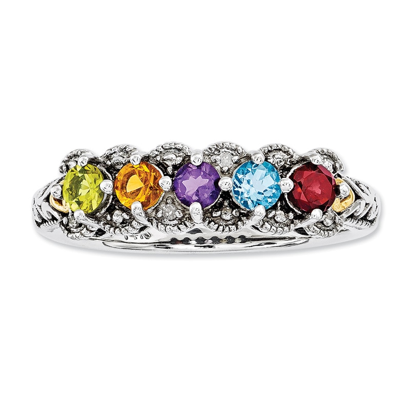 Main Image 1 of Mother's Simulated Birthstone and Diamond Accent Ring in Sterling Silver and 14K Gold (5 Stones)