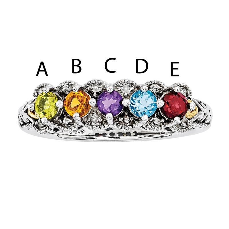 Main Image 2 of Mother's Simulated Birthstone and Diamond Accent Ring in Sterling Silver and 14K Gold (5 Stones)