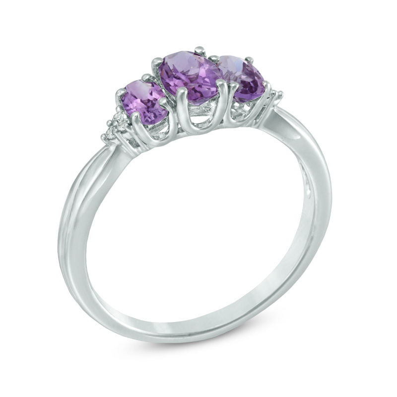 Main Image 2 of Oval Amethyst and Lab-Created White Sapphire Three Stone Ring in 10K White Gold
