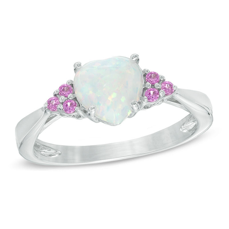7.0mm Heart-Shaped Lab-Created Opal and Pink Sapphire Ring in Sterling Silver