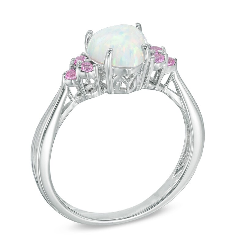 7.0mm Heart-Shaped Lab-Created Opal and Pink Sapphire Ring in Sterling Silver