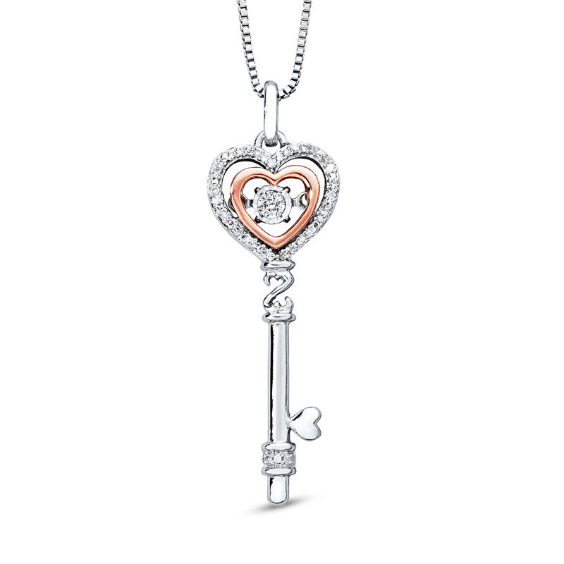 Open Hearts Rhythm by Jane Seymour™ 0.10 CT. T.W. Diamond Key Pendant in Sterling Silver and 10K Rose Gold